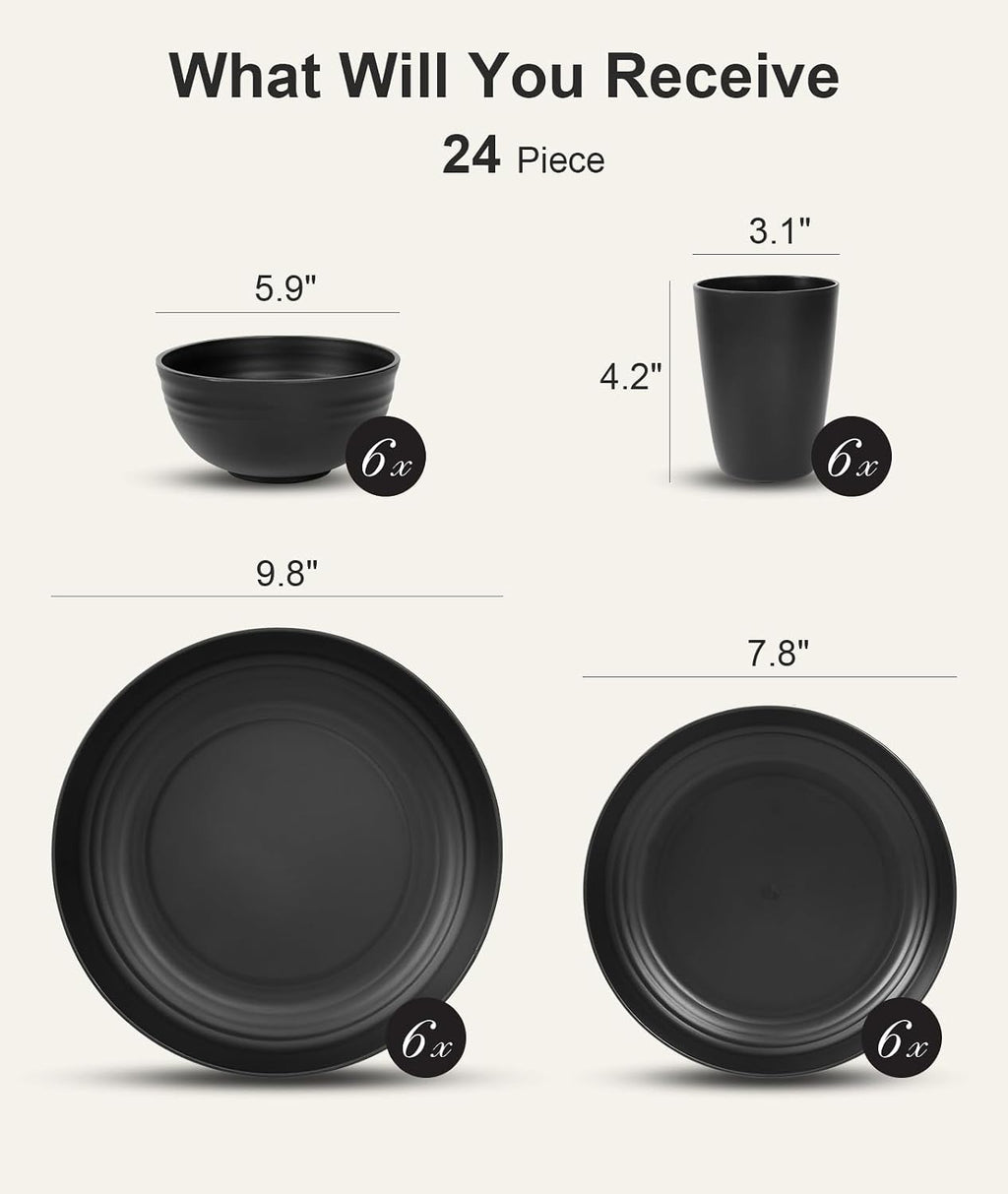24 Piece Plates and Bowl Set for 6, Dinnerware Dish Set for Kitchen | Unbreakable, Dishwasher Microwave Safe, House Warming Gift New Home,Dorm Apartment Essential, Kitchen and Dining Decor, Black