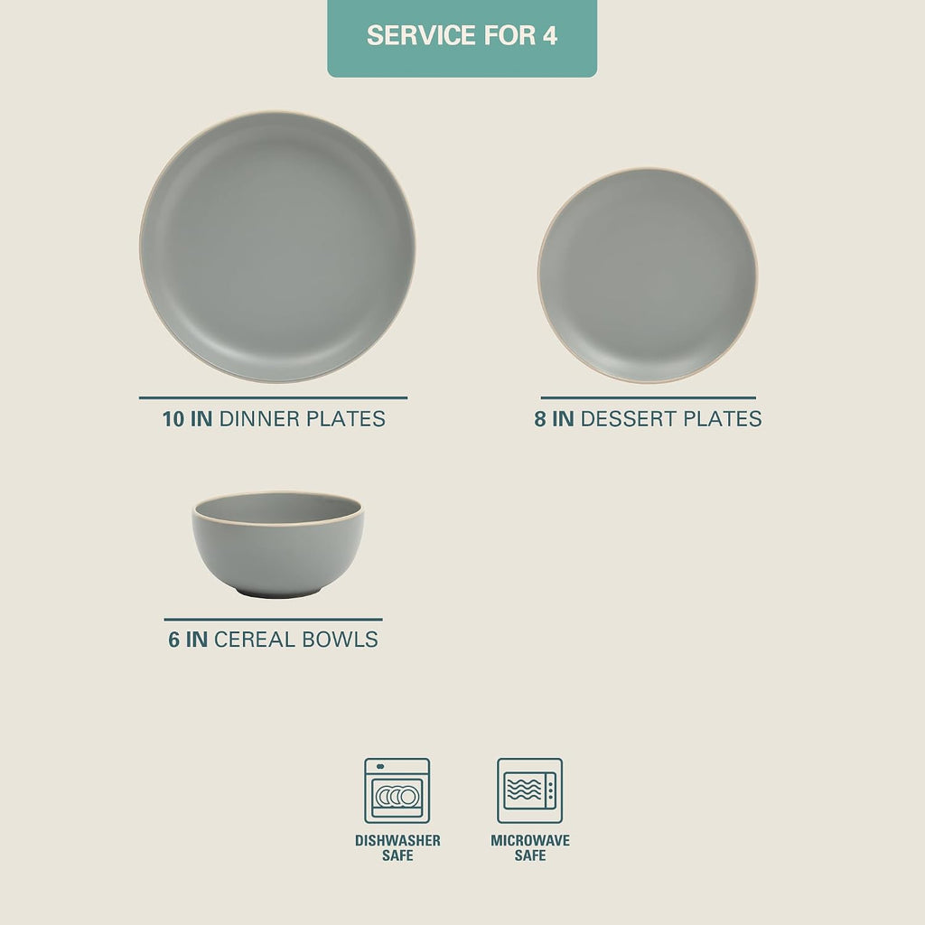 Rockaway 12-Piece Stoneware Dinnerware Set, Matte Finish, Service for 4, Modern Ceramic Plates and Bowls, Microwave & Dishwasher Safe – Soft Gray - Service for 4