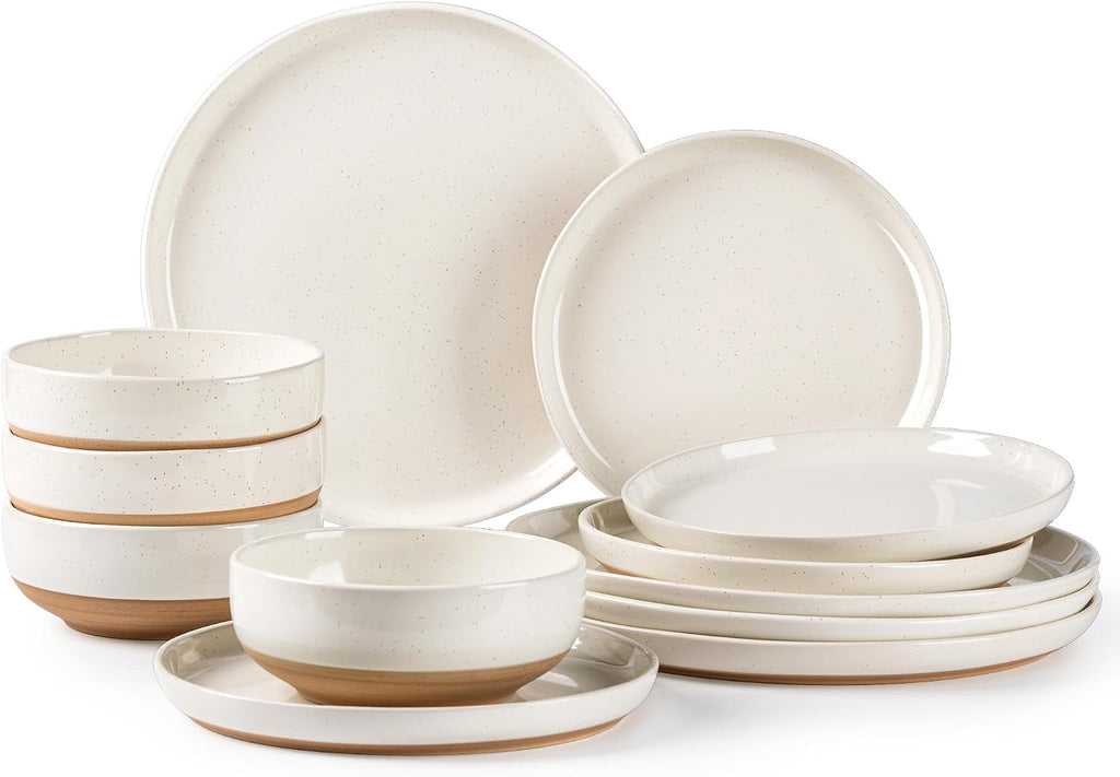 Dinnerware Sets for 4, 12 Pieces Ceramic Plates and Bowls Set | Scratch Resistant Stoneware Dishes Set, Dishwasher & Microwave Safe, Light Beige