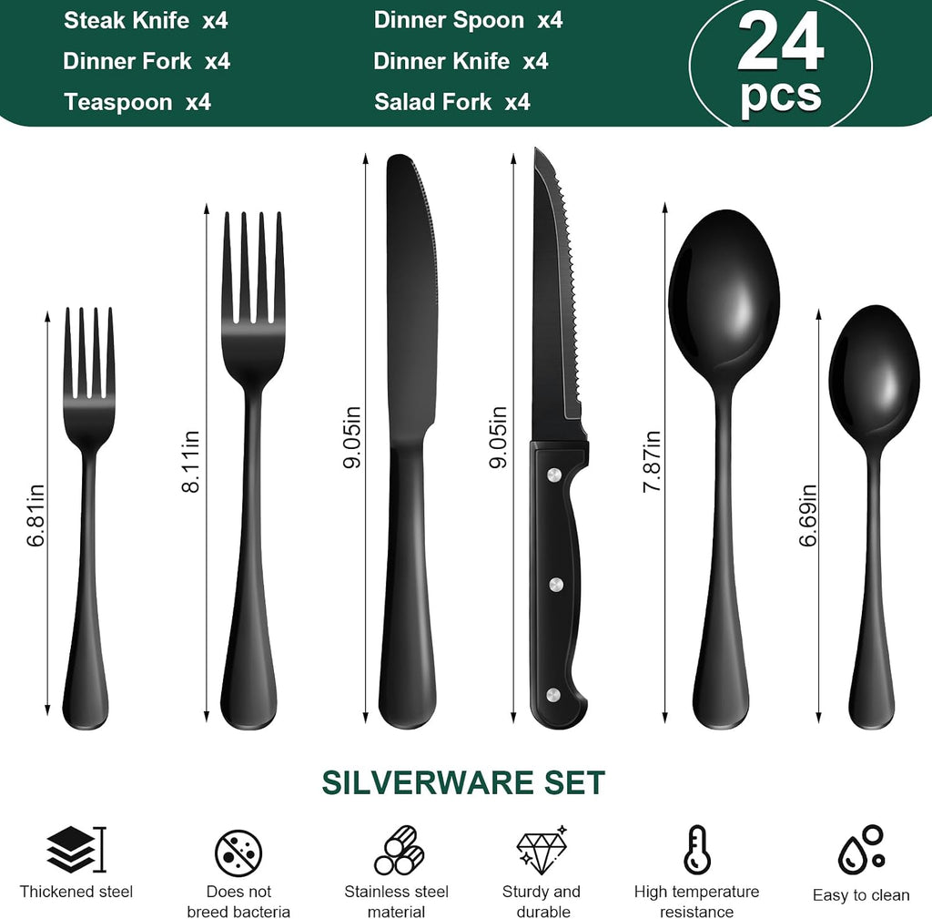 24-Piece Black Silverware Set with Steak Knives Black Stainless Steel Flatware Set for 4 Food Grade Tableware Cutlery Set Rust-proof, Mirror Polished, Dishwasher Safe