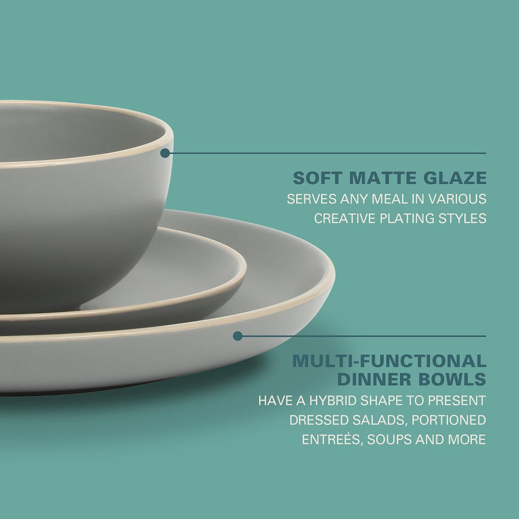 Rockaway 12-Piece Stoneware Dinnerware Set, Matte Finish, Service for 4, Modern Ceramic Plates and Bowls, Microwave & Dishwasher Safe – Soft Gray - Service for 4