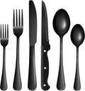24-Piece Black Silverware Set with Steak Knives Black Stainless Steel Flatware Set for 4 Food Grade Tableware Cutlery Set Rust-proof, Mirror Polished, Dishwasher Safe