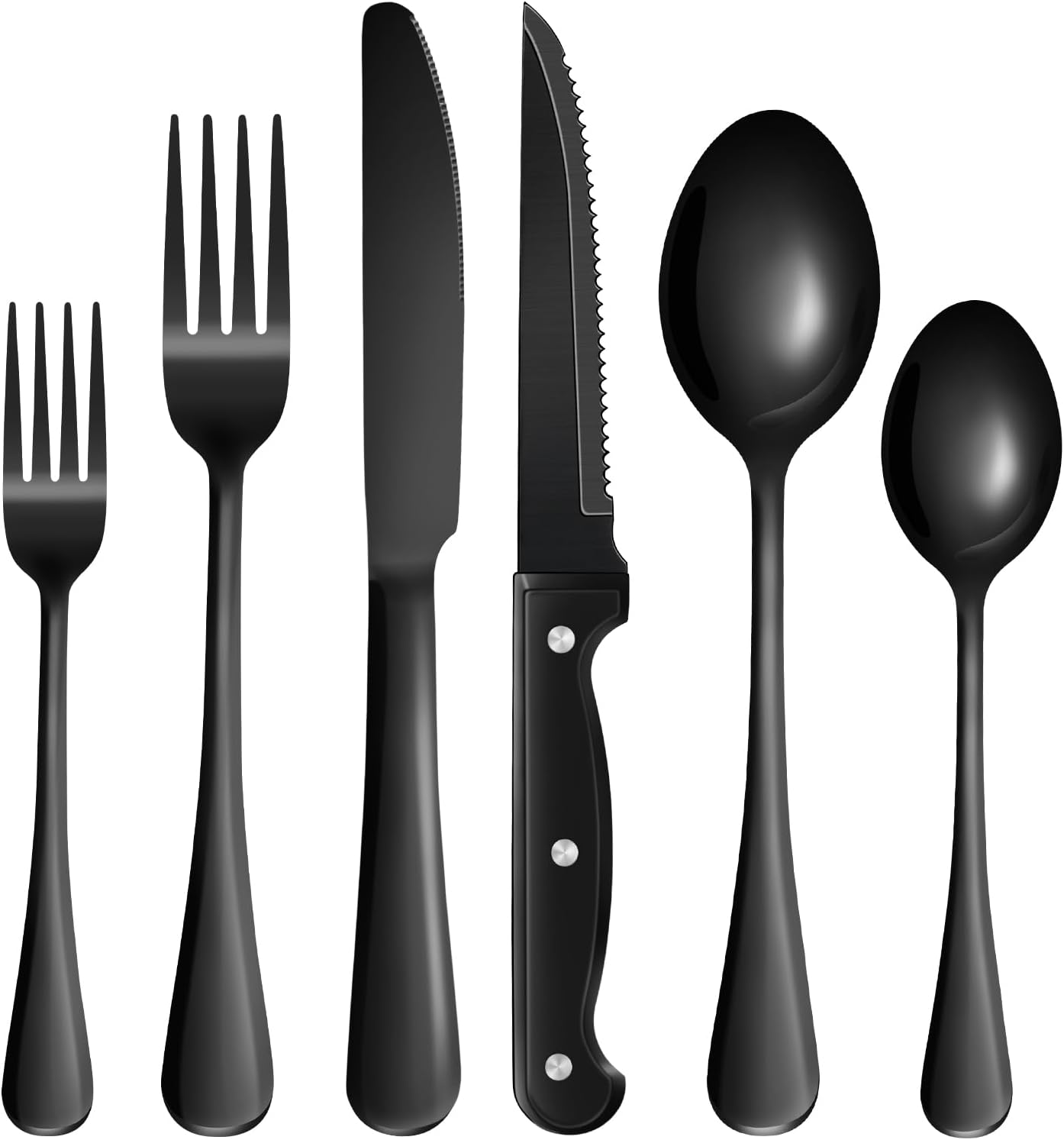24-Piece Black Silverware Set with Steak Knives Black Stainless Steel Flatware Set for 4 Food Grade Tableware Cutlery Set Rust-proof, Mirror Polished, Dishwasher Safe