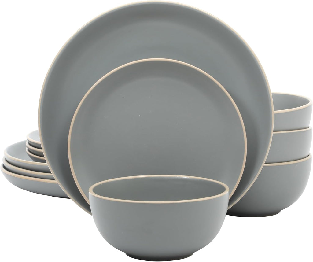 Rockaway 12-Piece Stoneware Dinnerware Set, Matte Finish, Service for 4, Modern Ceramic Plates and Bowls, Microwave & Dishwasher Safe – Soft Gray - Service for 4