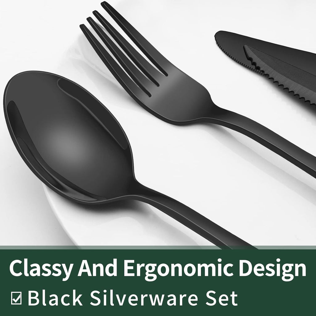 24-Piece Black Silverware Set with Steak Knives, Black Flatware Set for 4, Food-Grade Stainless Steel Tableware Cutlery Set, Mirror Finished Utensil Sets for Home Restaurant, Round Edge