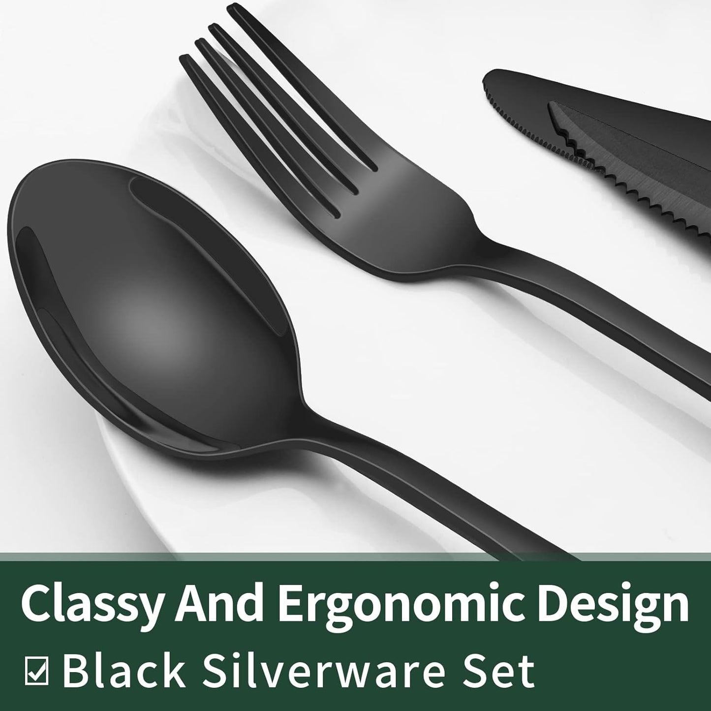 24-Piece Black Silverware Set with Steak Knives, Black Flatware Set for 4, Food-Grade Stainless Steel Tableware Cutlery Set, Mirror Finished Utensil Sets for Home Restaurant, Round Edge