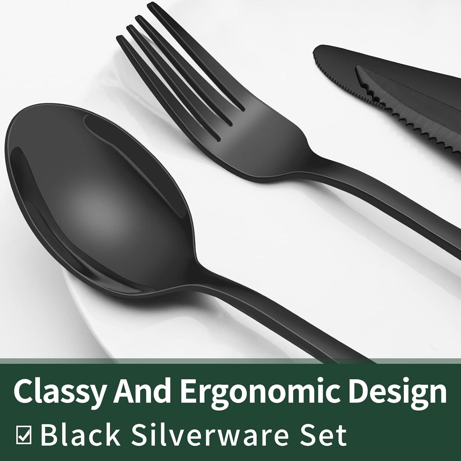 24-Piece Black Silverware Set with Steak Knives, Black Flatware Set for 4, Food-Grade Stainless Steel Tableware Cutlery Set, Mirror Finished Utensil Sets for Home Restaurant, Round Edge