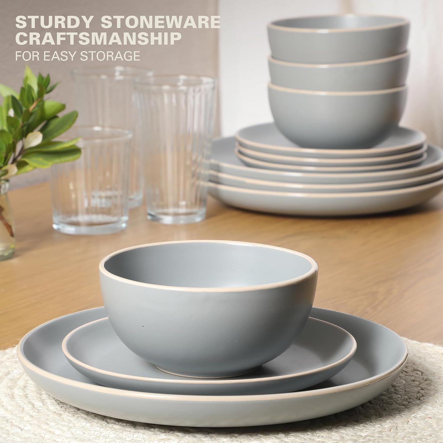 Rockaway 12-Piece Stoneware Dinnerware Set, Matte Finish, Service for 4, Modern Ceramic Plates and Bowls, Microwave & Dishwasher Safe – Soft Gray - Service for 4