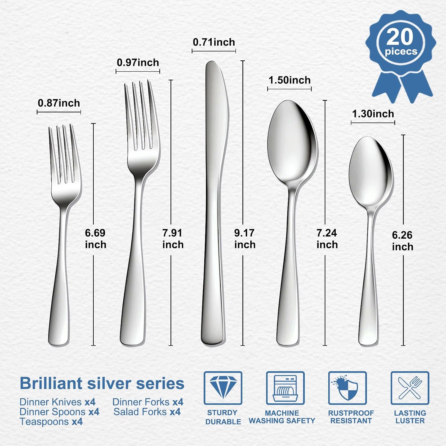 20 Piece Silverware Set - Stainless Steel Silverware Sets for 4 Include Spoon, Forks, Knives, Mirror Polished Flatware Set for Home, Kitchen, Restaurant, Dishwasher Safe