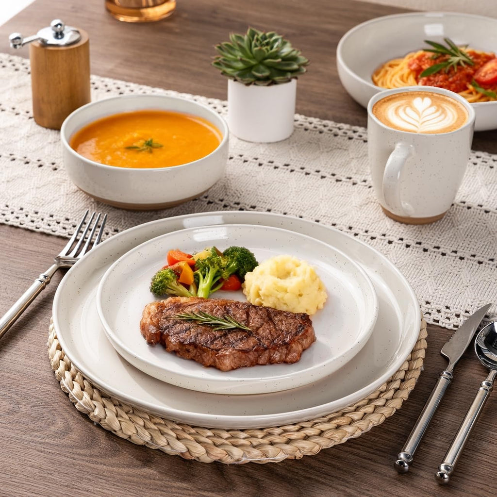 Dinnerware Sets for 4, 12 Pieces Ceramic Plates and Bowls Set | Scratch Resistant Stoneware Dishes Set, Dishwasher & Microwave Safe, Light Beige