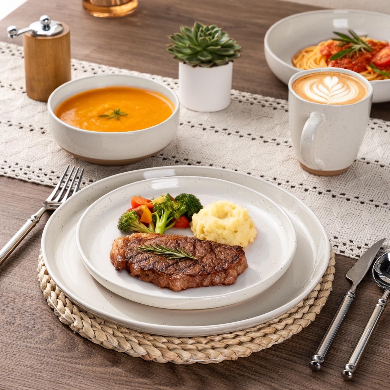 Dinnerware Sets for 4, 12 Pieces Ceramic Plates and Bowls Set | Scratch Resistant Stoneware Dishes Set, Dishwasher & Microwave Safe, Light Beige