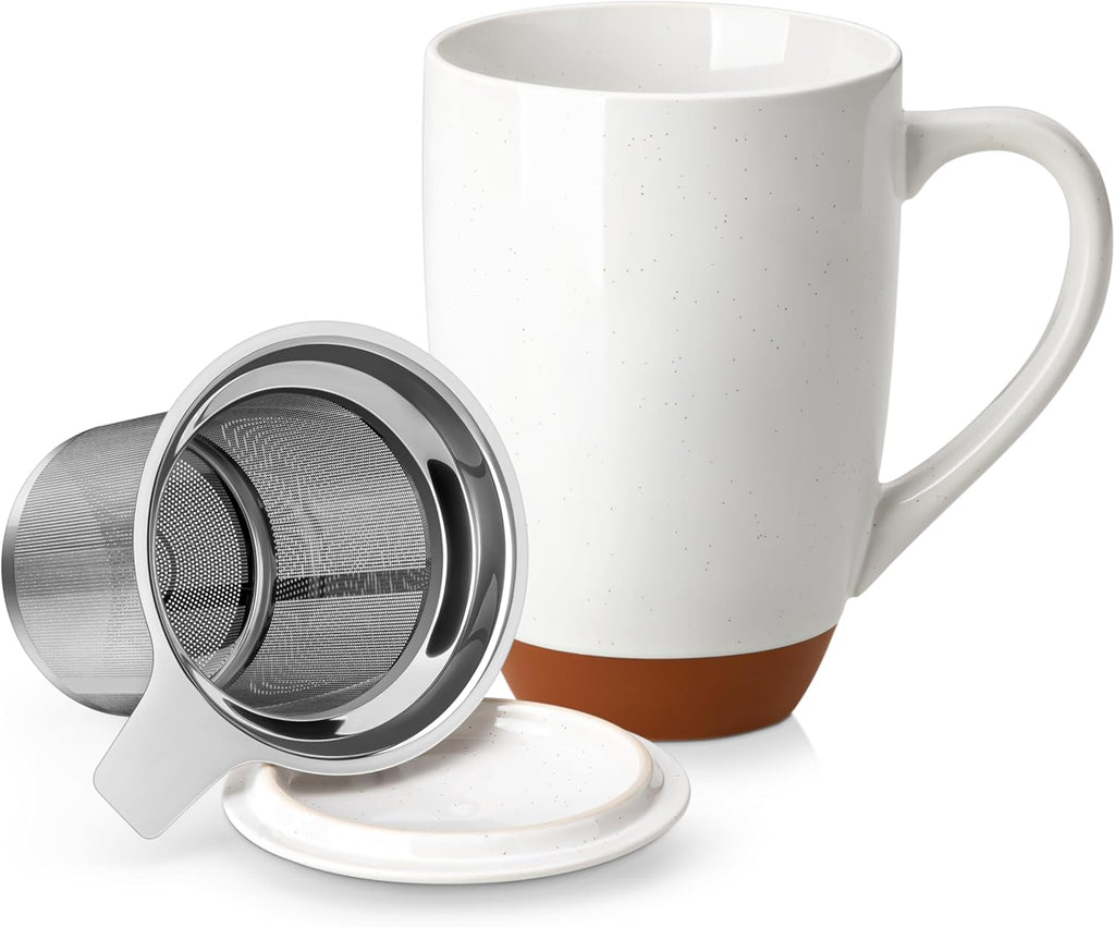 Ceramic 18 oz Tea Mug with Lid and Infuser, Khaki White | Large Tea Cup for Loose Leaf Tea, Heat-Resistant, Microwave & Dishwasher Safe, Speckled Glaze Coffee & Tea Brewer Mug