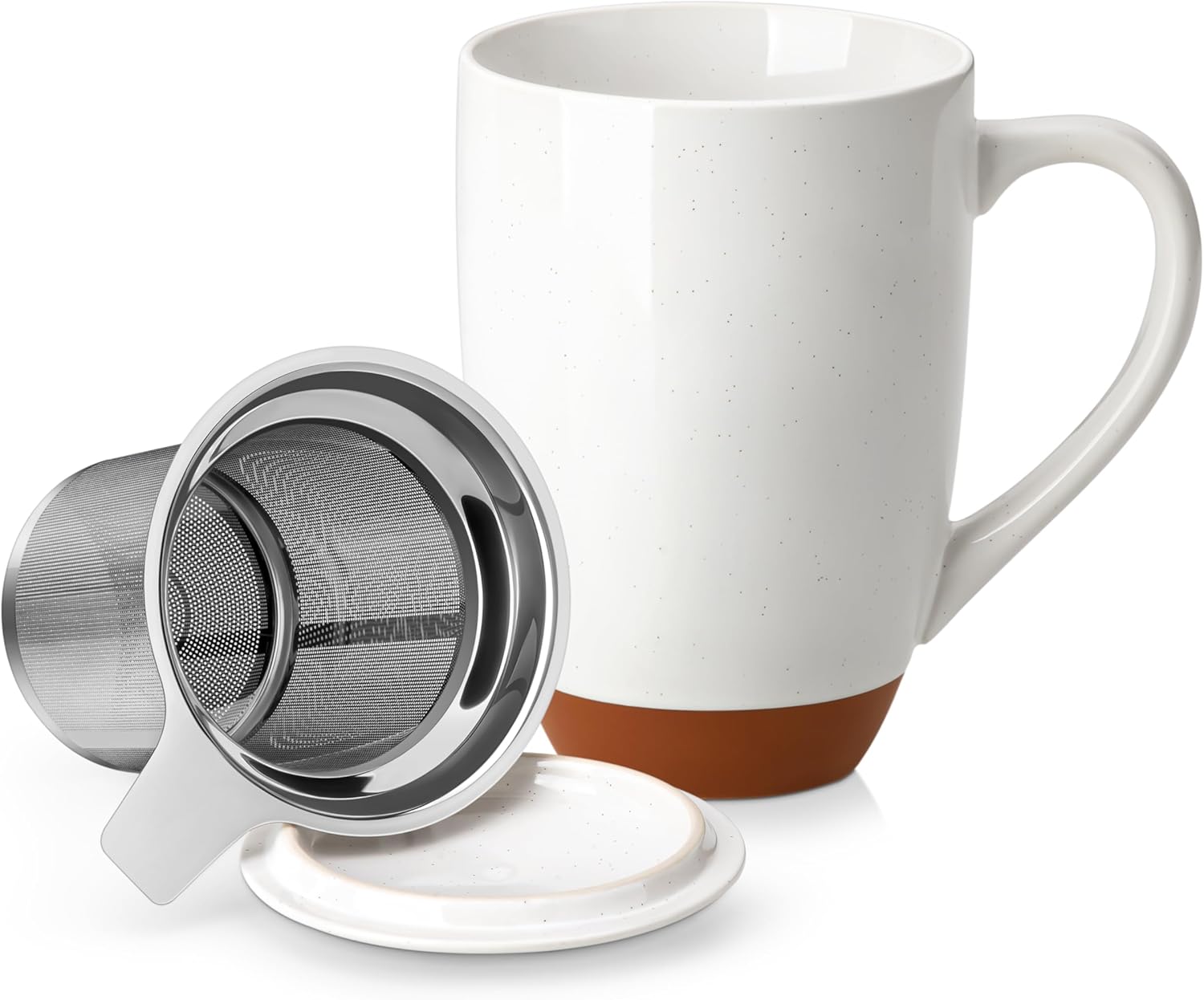 Ceramic 18 oz Tea Mug with Lid and Infuser, Khaki White | Large Tea Cup for Loose Leaf Tea, Heat-Resistant, Microwave & Dishwasher Safe, Speckled Glaze Coffee & Tea Brewer Mug