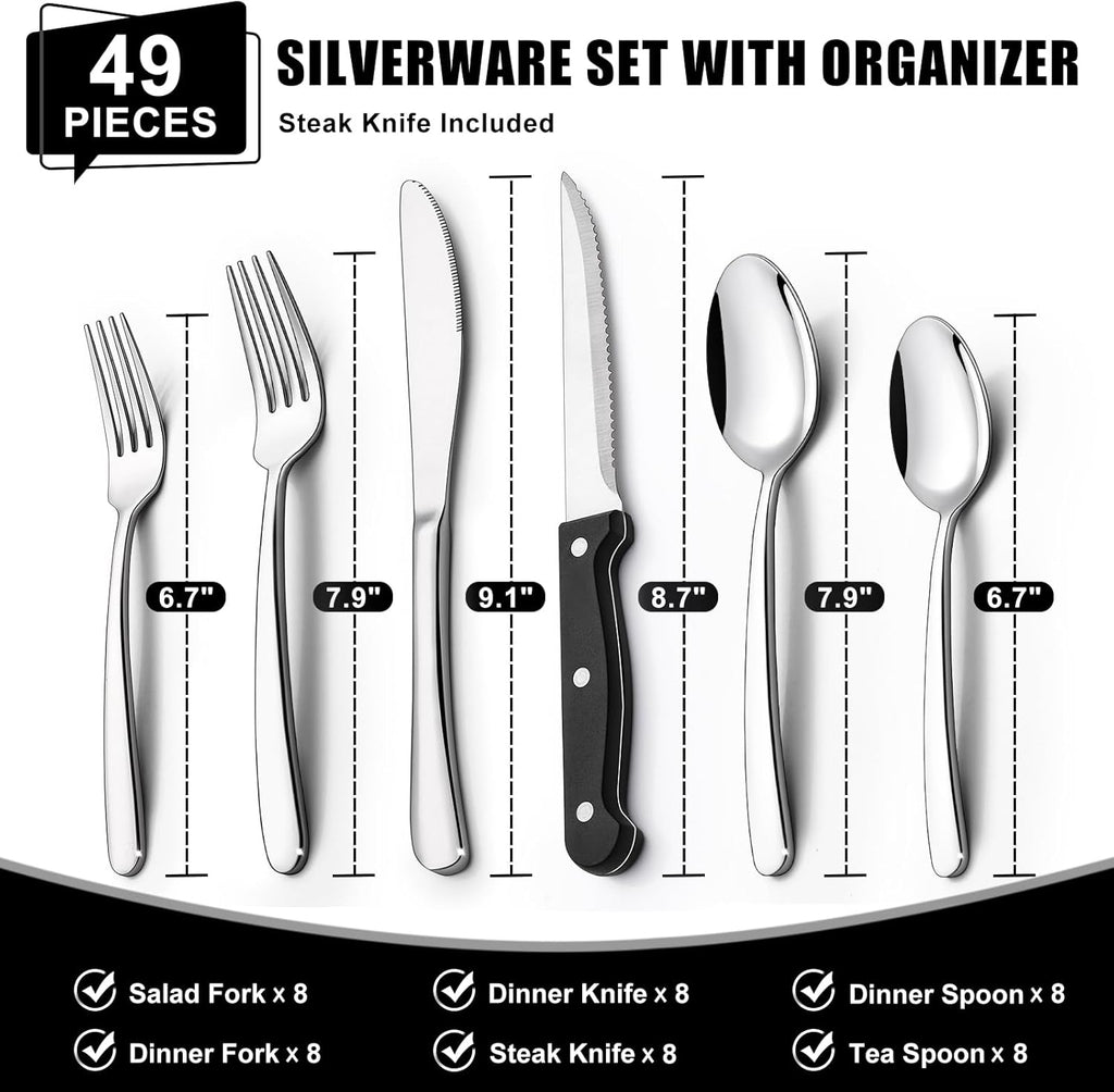 49-Piece Silverware Set with Organizer, Heavy Duty Stainless Steel Flatware Set for 8, Cutlery Utensil Sets with Steak Knives, Rust-proof, Mirror Polished, Dishwasher Safe, Heavy Duty