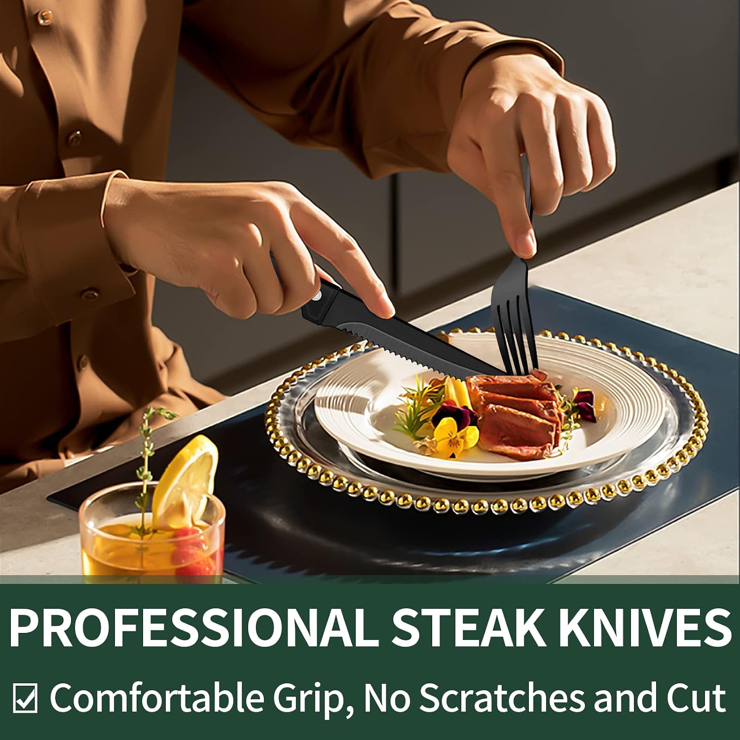 24-Piece Black Silverware Set with Steak Knives, Black Flatware Set for 4, Food-Grade Stainless Steel Tableware Cutlery Set, Mirror Finished Utensil Sets for Home Restaurant, Round Edge