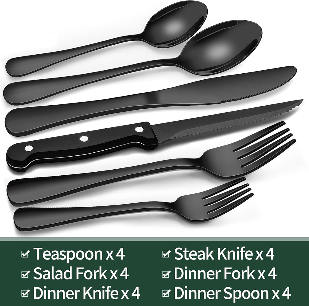 24-Piece Black Silverware Set with Steak Knives, Black Flatware Set for 4, Food-Grade Stainless Steel Tableware Cutlery Set, Mirror Finished Utensil Sets for Home Restaurant, Round Edge