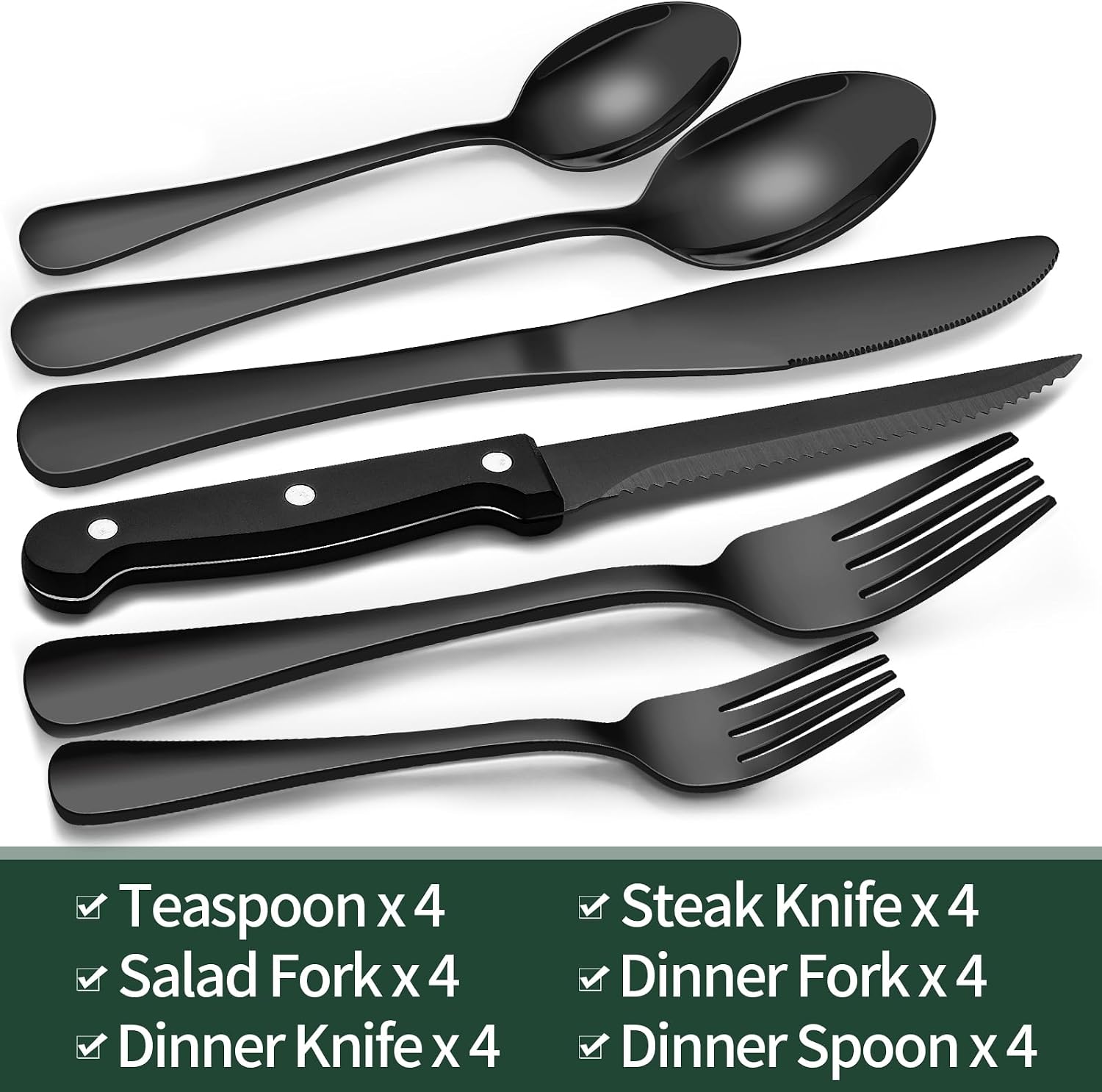 24-Piece Black Silverware Set with Steak Knives, Black Flatware Set for 4, Food-Grade Stainless Steel Tableware Cutlery Set, Mirror Finished Utensil Sets for Home Restaurant, Round Edge