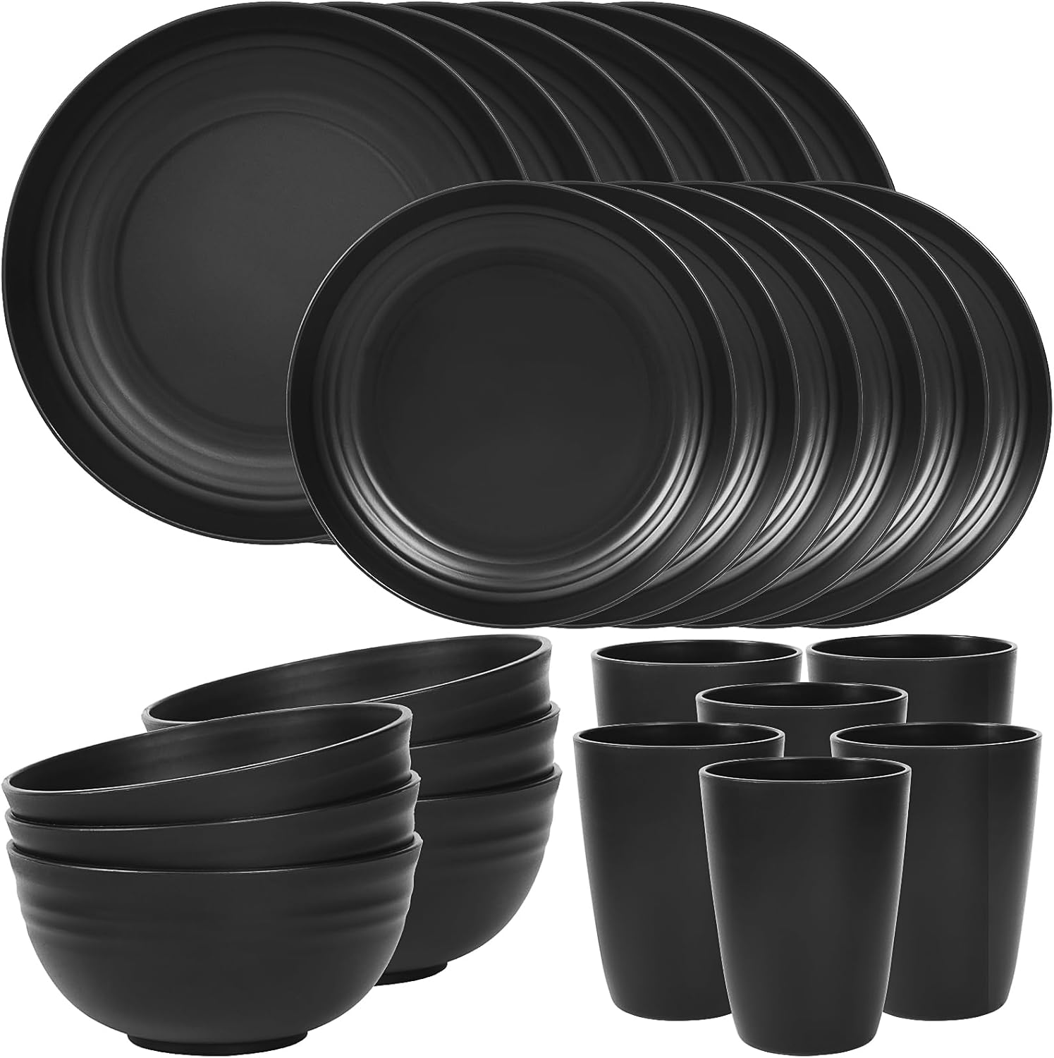 24 Piece Plates and Bowl Set for 6, Dinnerware Dish Set for Kitchen | Unbreakable, Dishwasher Microwave Safe, House Warming Gift New Home,Dorm Apartment Essential, Kitchen and Dining Decor, Black