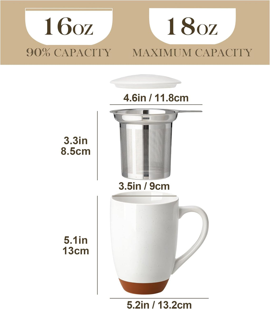 Ceramic 18 oz Tea Mug with Lid and Infuser, Khaki White | Large Tea Cup for Loose Leaf Tea, Heat-Resistant, Microwave & Dishwasher Safe, Speckled Glaze Coffee & Tea Brewer Mug
