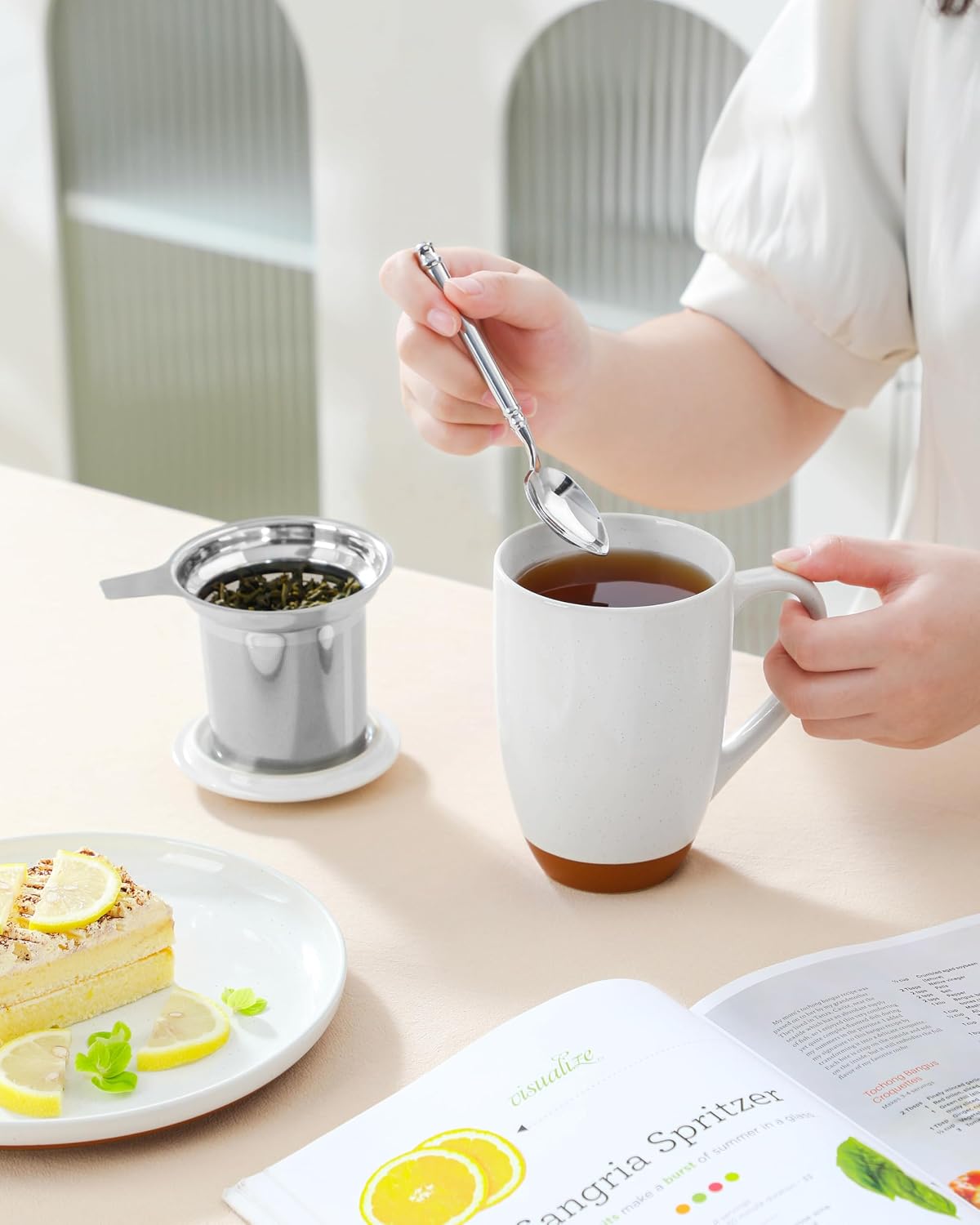Ceramic 18 oz Tea Mug with Lid and Infuser, Khaki White | Large Tea Cup for Loose Leaf Tea, Heat-Resistant, Microwave & Dishwasher Safe, Speckled Glaze Coffee & Tea Brewer Mug