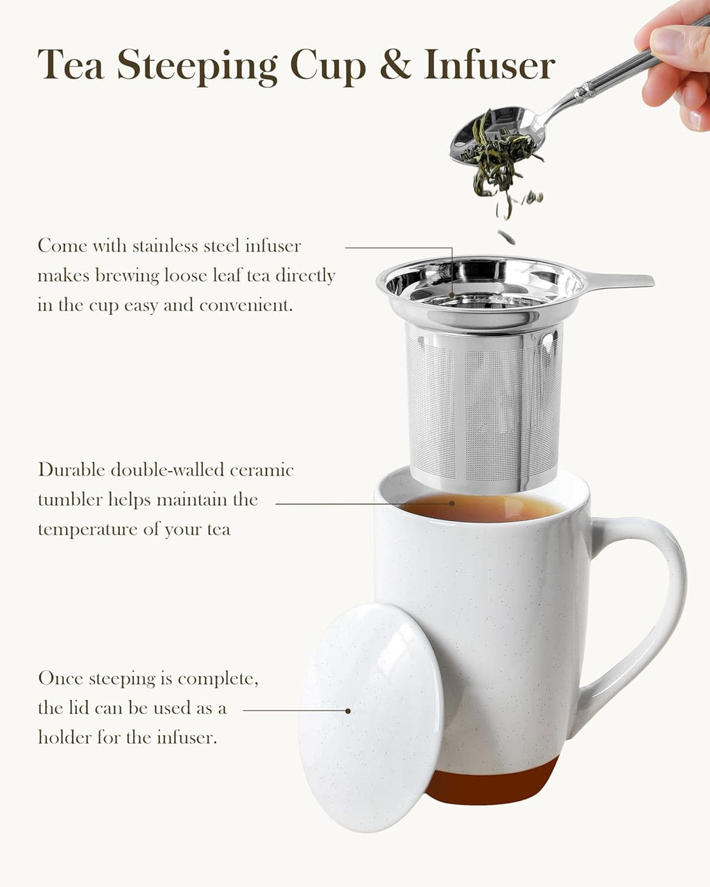 Ceramic 18 oz Tea Mug with Lid and Infuser, Khaki White | Large Tea Cup for Loose Leaf Tea, Heat-Resistant, Microwave & Dishwasher Safe, Speckled Glaze Coffee & Tea Brewer Mug