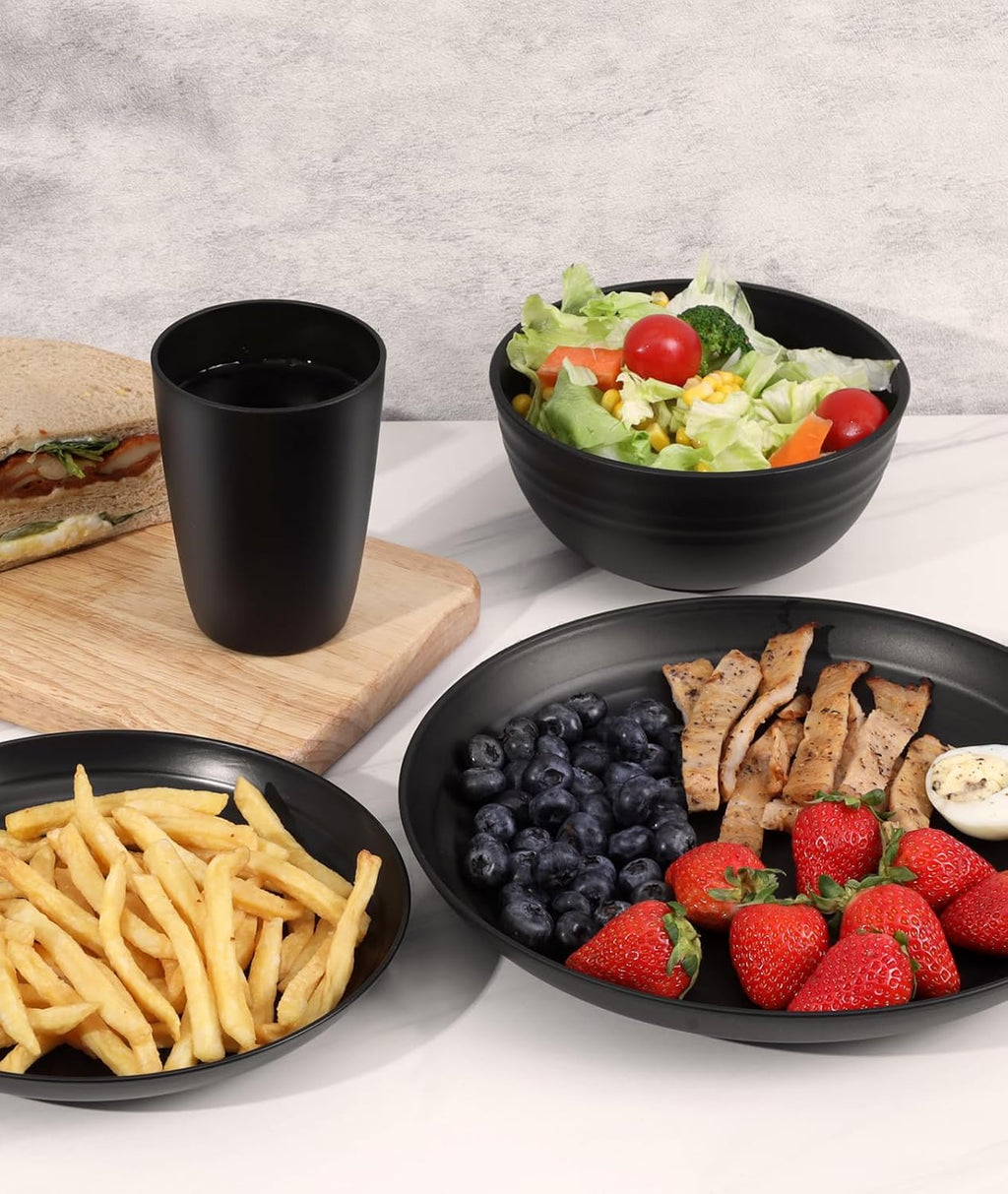 24 Piece Plates and Bowl Set for 6, Dinnerware Dish Set for Kitchen | Unbreakable, Dishwasher Microwave Safe, House Warming Gift New Home,Dorm Apartment Essential, Kitchen and Dining Decor, Black