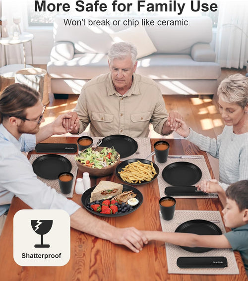 24 Piece Plates and Bowl Set for 6, Dinnerware Dish Set for Kitchen | Unbreakable, Dishwasher Microwave Safe, House Warming Gift New Home,Dorm Apartment Essential, Kitchen and Dining Decor, Black