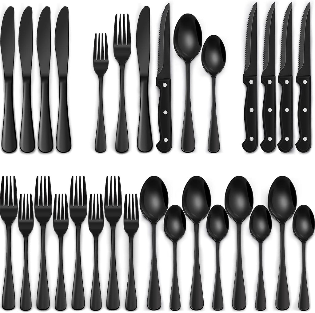 24-Piece Black Silverware Set with Steak Knives, Black Flatware Set for 4, Food-Grade Stainless Steel Tableware Cutlery Set, Mirror Finished Utensil Sets for Home Restaurant, Round Edge