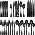 24-Piece Black Silverware Set with Steak Knives, Black Flatware Set for 4, Food-Grade Stainless Steel Tableware Cutlery Set, Mirror Finished Utensil Sets for Home Restaurant, Round Edge