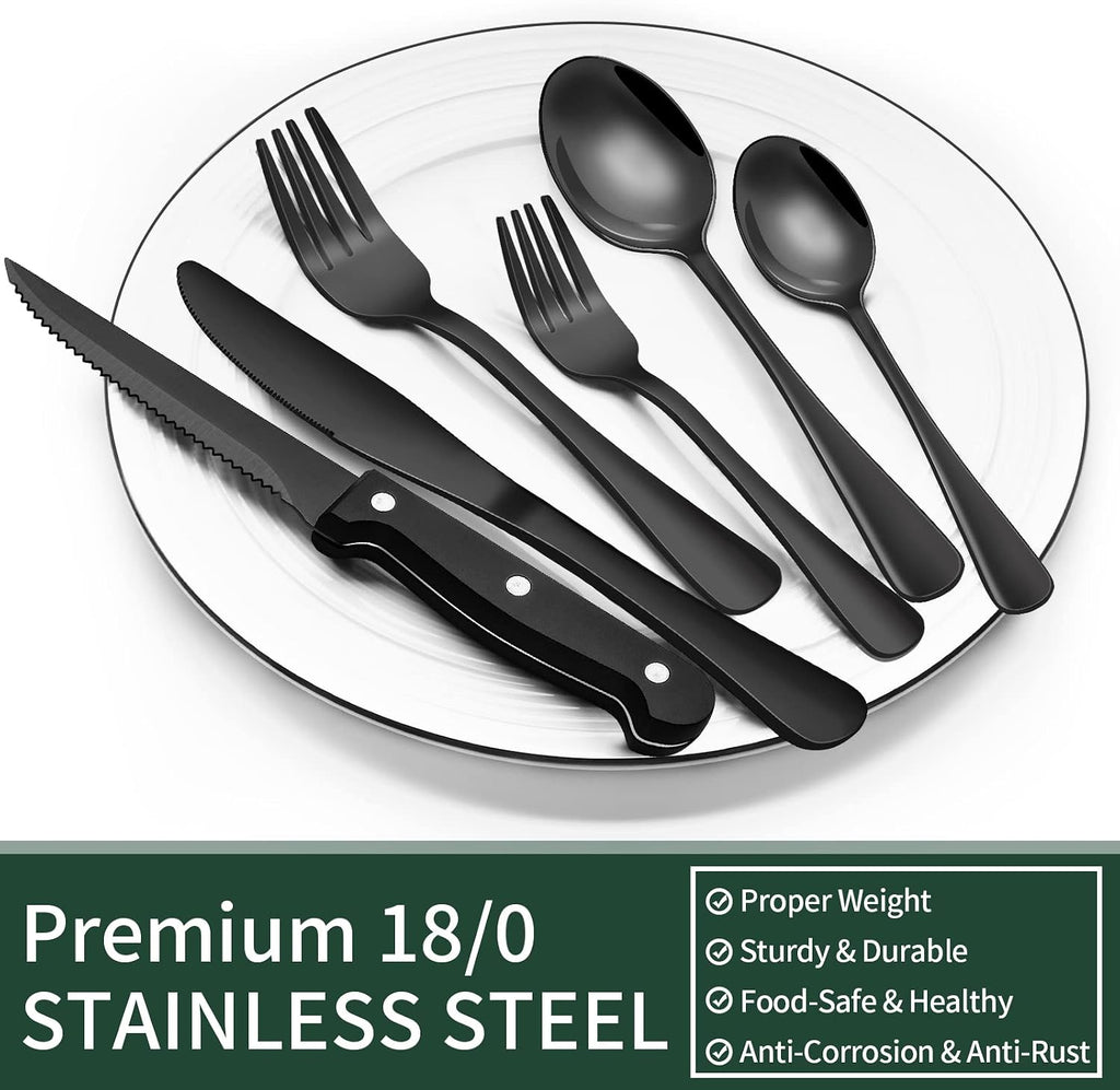 24-Piece Black Silverware Set with Steak Knives, Black Flatware Set for 4, Food-Grade Stainless Steel Tableware Cutlery Set, Mirror Finished Utensil Sets for Home Restaurant, Round Edge