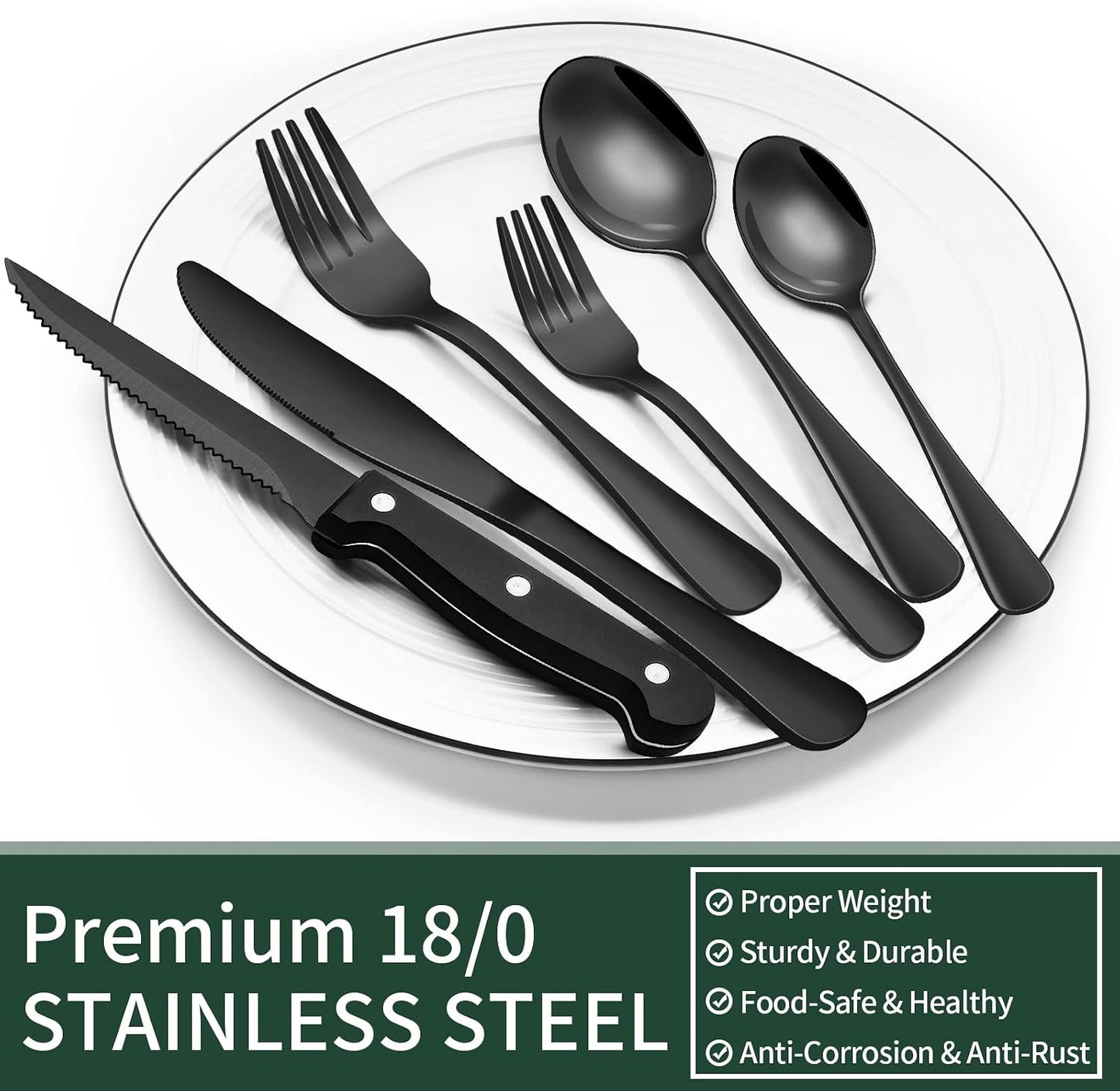 24-Piece Black Silverware Set with Steak Knives, Black Flatware Set for 4, Food-Grade Stainless Steel Tableware Cutlery Set, Mirror Finished Utensil Sets for Home Restaurant, Round Edge