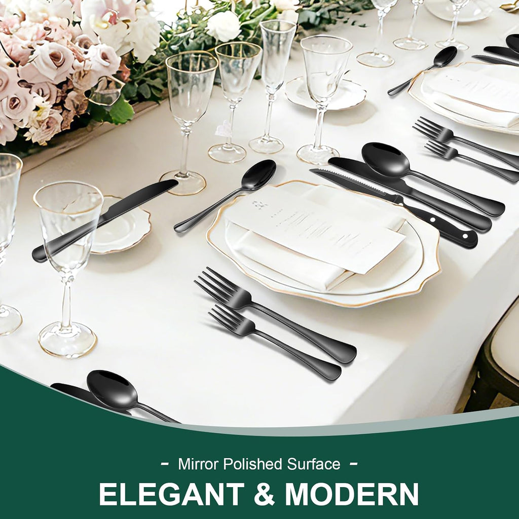 24-Piece Black Silverware Set with Steak Knives Black Stainless Steel Flatware Set for 4 Food Grade Tableware Cutlery Set Rust-proof, Mirror Polished, Dishwasher Safe
