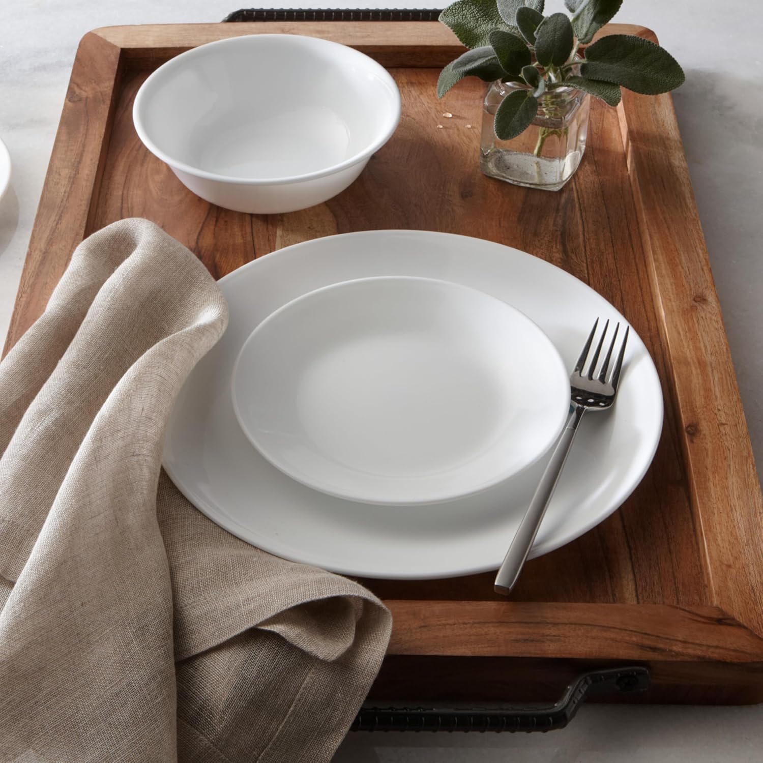 18-Piece Service for 6 Dinnerware Set Triple Layer Glass and Chip Resistant, Lightweight Round Plates and Bowls Set, Winter Frost White