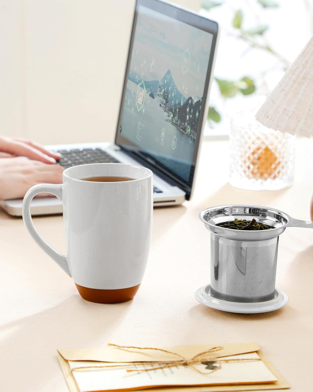 Ceramic 18 oz Tea Mug with Lid and Infuser, Khaki White | Large Tea Cup for Loose Leaf Tea, Heat-Resistant, Microwave & Dishwasher Safe, Speckled Glaze Coffee & Tea Brewer Mug