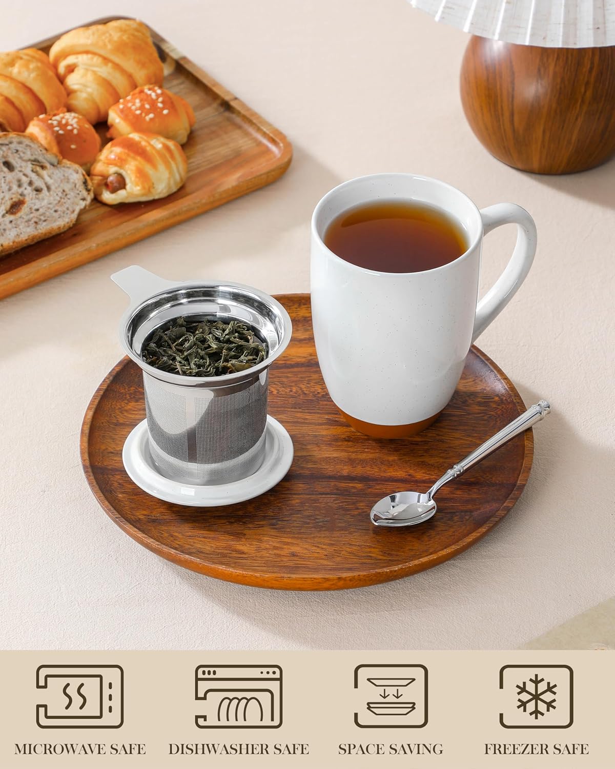 Ceramic 18 oz Tea Mug with Lid and Infuser, Khaki White | Large Tea Cup for Loose Leaf Tea, Heat-Resistant, Microwave & Dishwasher Safe, Speckled Glaze Coffee & Tea Brewer Mug