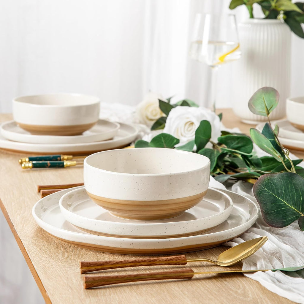 Dinnerware Sets for 4, 12 Pieces Ceramic Plates and Bowls Set | Scratch Resistant Stoneware Dishes Set, Dishwasher & Microwave Safe, Light Beige