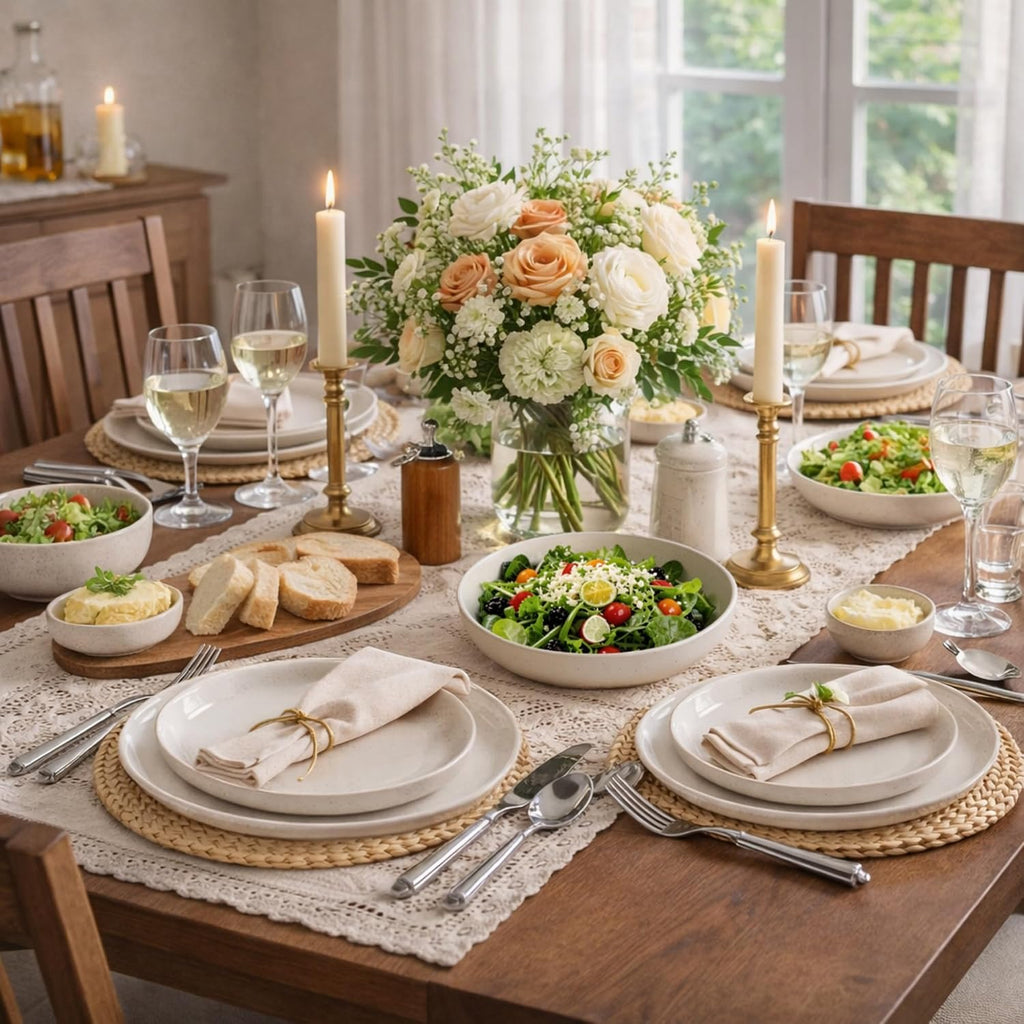 Dinnerware Sets for 4, 12 Pieces Ceramic Plates and Bowls Set | Scratch Resistant Stoneware Dishes Set, Dishwasher & Microwave Safe, Light Beige