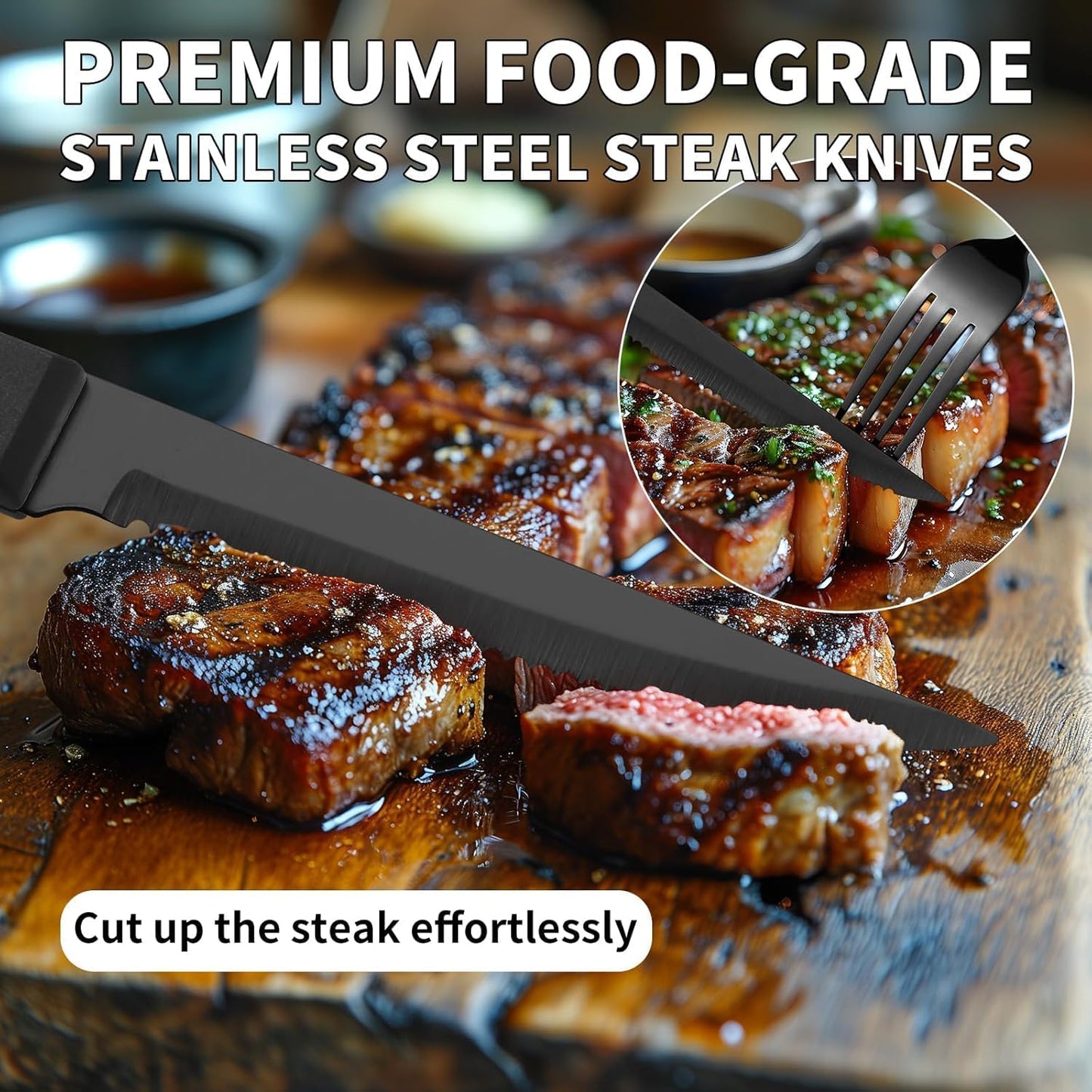 24-Piece Black Silverware Set with Steak Knives Black Stainless Steel Flatware Set for 4 Food Grade Tableware Cutlery Set Rust-proof, Mirror Polished, Dishwasher Safe
