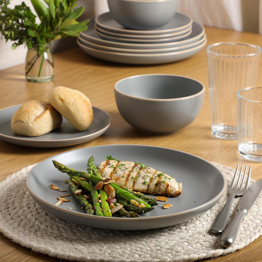 Rockaway 12-Piece Stoneware Dinnerware Set, Matte Finish, Service for 4, Modern Ceramic Plates and Bowls, Microwave & Dishwasher Safe – Soft Gray - Service for 4