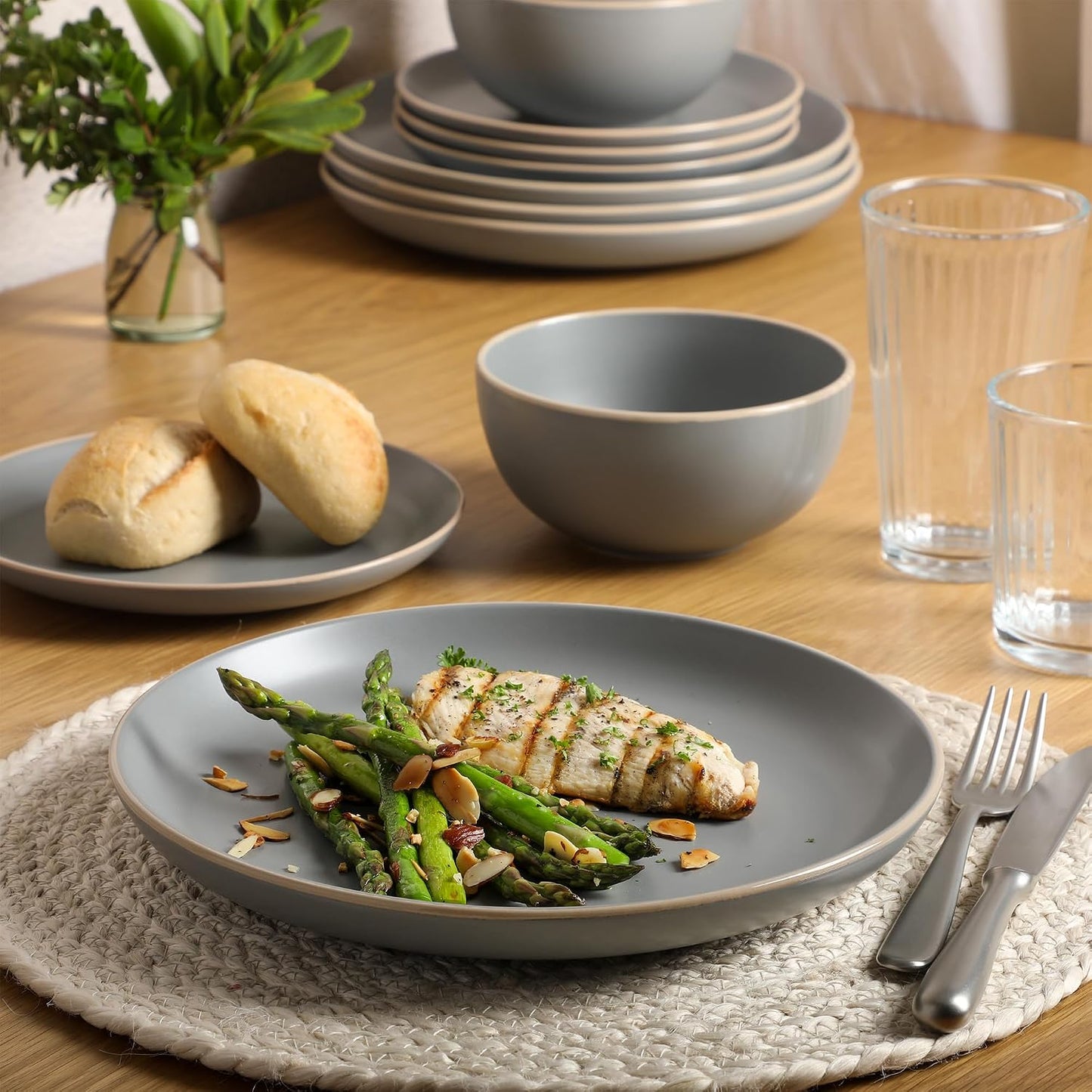 Rockaway 12-Piece Stoneware Dinnerware Set, Matte Finish, Service for 4, Modern Ceramic Plates and Bowls, Microwave & Dishwasher Safe – Soft Gray - Service for 4