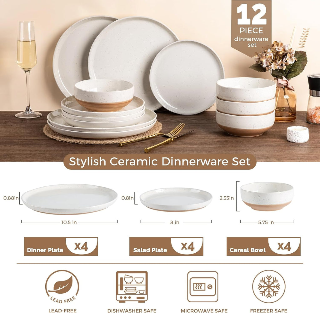 Dinnerware Sets for 4, 12 Pieces Ceramic Plates and Bowls Set | Scratch Resistant Stoneware Dishes Set, Dishwasher & Microwave Safe, Light Beige