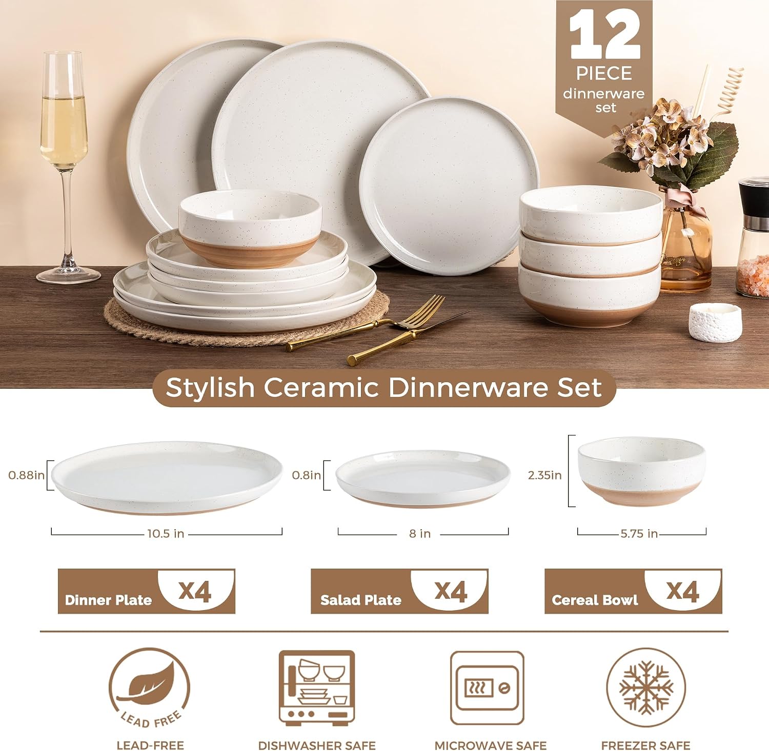 Dinnerware Sets for 4, 12 Pieces Ceramic Plates and Bowls Set | Scratch Resistant Stoneware Dishes Set, Dishwasher & Microwave Safe, Light Beige