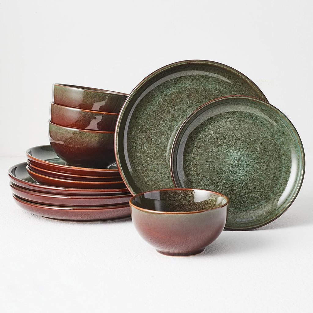 Stoneware Dinnerware Sets for 4, 12pcs Plates and Bowls Sets Dishes | Reactive Glaze Ceramic Dish Set, Microwave & Dishwasher Safe, Highly Chip and Crack Resistant Dishware sets, Brown Green