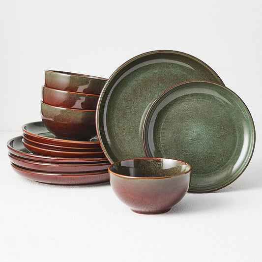 Stoneware Dinnerware Sets for 4, 12pcs Plates and Bowls Sets Dishes | Reactive Glaze Ceramic Dish Set, Microwave & Dishwasher Safe, Highly Chip and Crack Resistant Dishware sets, Brown Green
