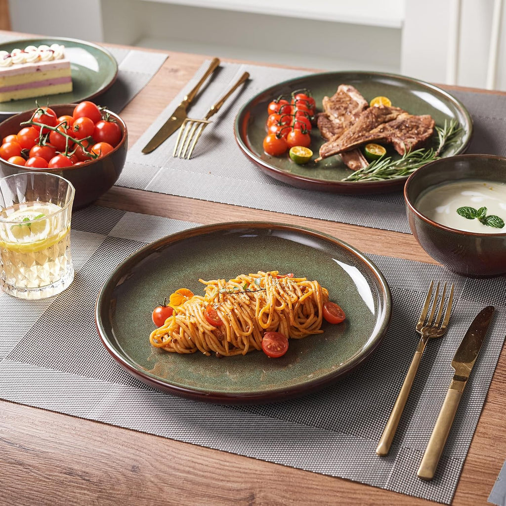 Stoneware Dinnerware Sets for 4, 12pcs Plates and Bowls Sets Dishes | Reactive Glaze Ceramic Dish Set, Microwave & Dishwasher Safe, Highly Chip and Crack Resistant Dishware sets, Brown Green