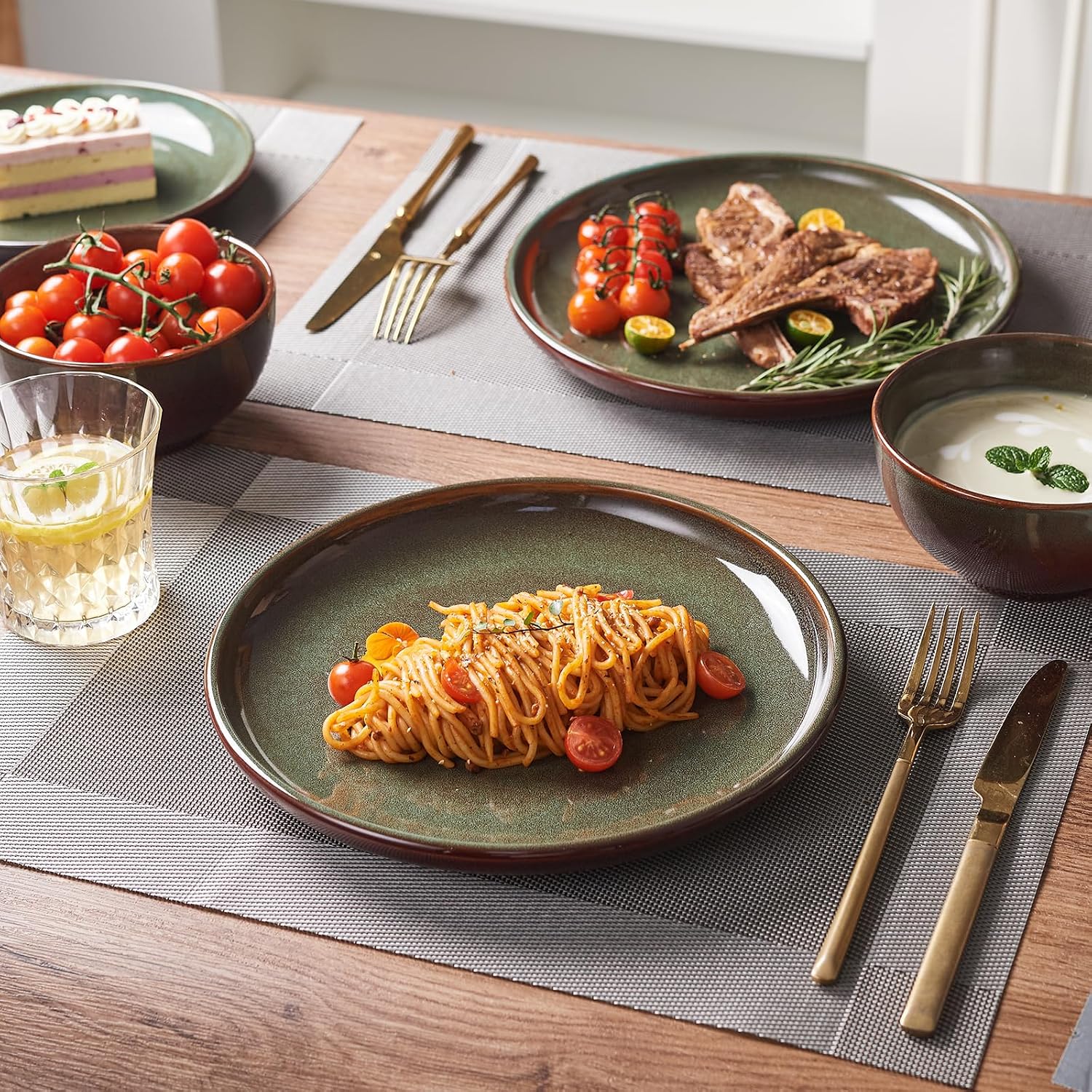 Stoneware Dinnerware Sets for 4, 12pcs Plates and Bowls Sets Dishes | Reactive Glaze Ceramic Dish Set, Microwave & Dishwasher Safe, Highly Chip and Crack Resistant Dishware sets, Brown Green