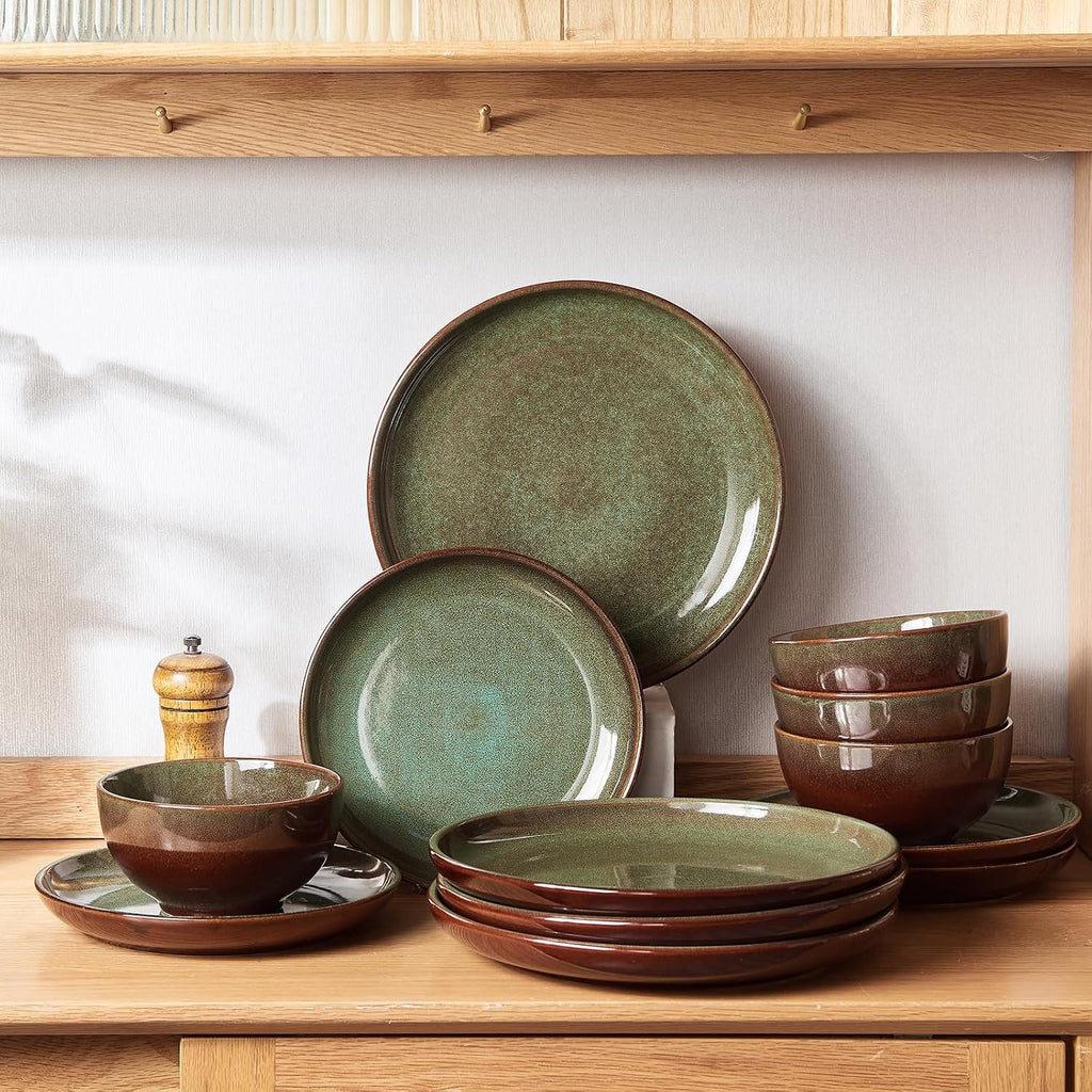 Stoneware Dinnerware Sets for 4, 12pcs Plates and Bowls Sets Dishes | Reactive Glaze Ceramic Dish Set, Microwave & Dishwasher Safe, Highly Chip and Crack Resistant Dishware sets, Brown Green