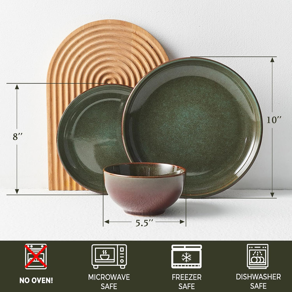 Stoneware Dinnerware Sets for 4, 12pcs Plates and Bowls Sets Dishes | Reactive Glaze Ceramic Dish Set, Microwave & Dishwasher Safe, Highly Chip and Crack Resistant Dishware sets, Brown Green