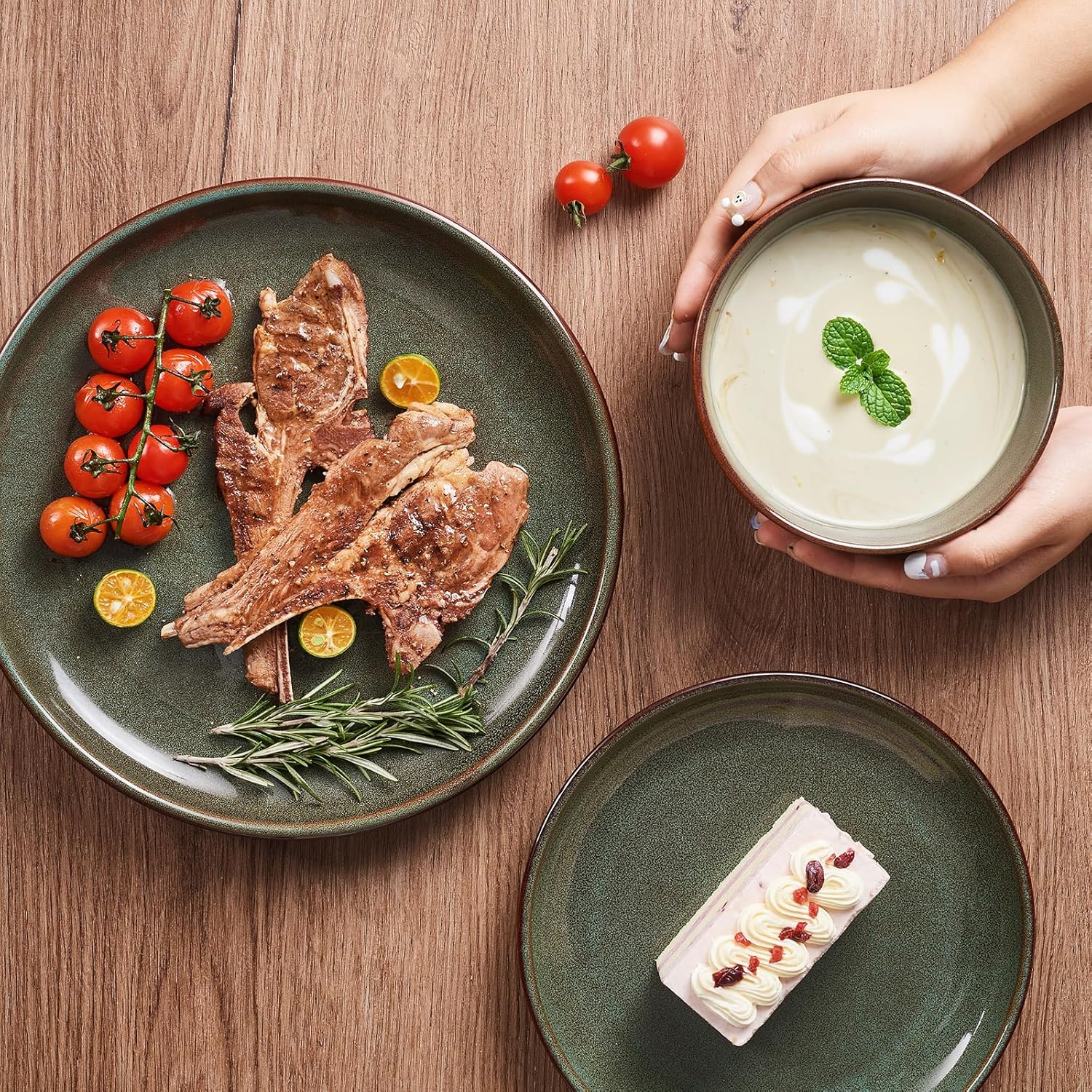 Stoneware Dinnerware Sets for 4, 12pcs Plates and Bowls Sets Dishes | Reactive Glaze Ceramic Dish Set, Microwave & Dishwasher Safe, Highly Chip and Crack Resistant Dishware sets, Brown Green
